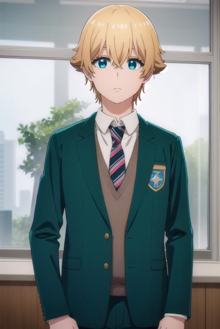 kousukemisaki, <lora:kousuke misaki s1-lora-nochekaiser:1>,
kousuke misaki, short hair, blue eyes, blonde hair, hair between eyes, male focus,
BREAK shirt, long sleeves, school uniform, jacket, white shirt, open clothes, necktie, collared shirt, pants, open jacket, black pants, blazer, red necktie, (green jacket:1.5), brown pants,
BREAK indoors, classroom,
BREAK looking at viewer, (cowboy shot:1.5),
BREAK <lyco:GoodHands-beta2:1>, (masterpiece:1.2), best quality, high resolution, unity 8k wallpaper, (illustration:0.8), (beautiful detailed eyes:1.6), extremely detailed face, perfect lighting, extremely detailed CG, (perfect hands, perfect anatomy),