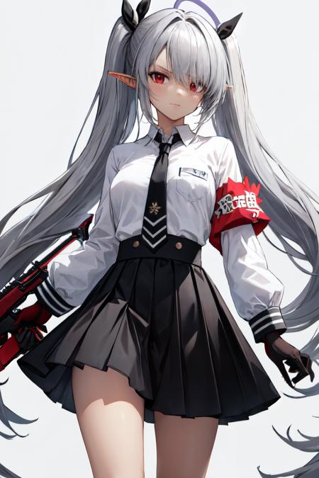 <lora:iori_ba:0.9>iori ba, 1girl, weapon, holding, gloves, ribbon, tail, holding gun, rifle, gun, simple background, long hair, shaded face, bolt action, black gloves, collared shirt, halo, white shirt, solo, shirt tucked in, shirt, long sleeves, armband, skirt, closed mouth, very long hair, holding weapon, looking at viewer, black skirt, pointy ears, black necktie, necktie, pleated skirt