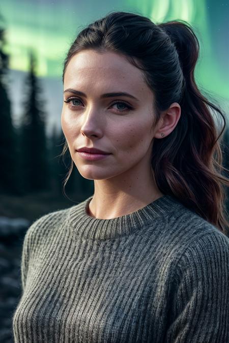 perfect cinematic shoot of a beautiful woman (EP3l1z4b3thTull0ch:.99), a woman standing at a forest edge, perfect high ponytail, wearing sexy gray (sweater), (northern lights in background:1.2), (detailed background:1.1), (face focus), modelshoot style, (extremely detailed CG unity 8k wallpaper), professional majestic (photography by Roberto Ferri:1.1), 24mm, exposure blend, hdr, extremely intricate, High (Detail:1.1), dramatic, soft cinematic light, (looking at viewer), (detailed pupils),8k, highly detailed, rich environment, 4k textures, soft cinematic light, elegant, ((((cinematic look)))), soothing tones, insane details, hyperdetailed, ("In Jernau we trust!":1.1)