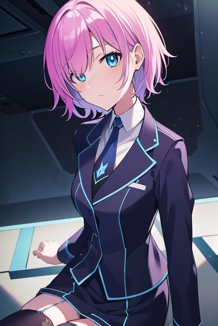 riri yuuhi, aqua eyes, pink hair, short hair, blue footwear, blue jacket, buttons, jacket, long sleeves, miniskirt, necktie, school uniform, skirt, thighhighs, zettai ryouiki