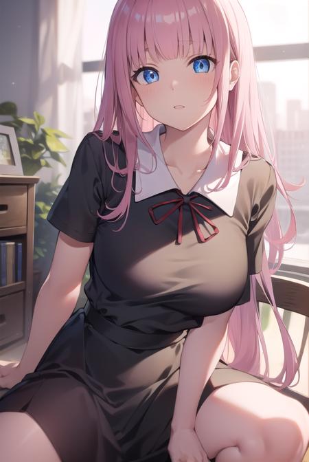 chikafujiwara, <lora:chikafujiwaratest:1>,
chika fujiwara, black bow, blue eyes, blunt bangs, hair bow, long hair, pink hair,
BREAK black dress, dress, pinafore dress, school uniform, shirt, short sleeves, shuuchiin academy school uniform, white shirt,
BREAK looking at viewer,
BREAK indoors, classroom,
BREAK <lora:GoodHands-vanilla:1>, (masterpiece:1.2), best quality, high resolution, unity 8k wallpaper, (illustration:0.8), (beautiful detailed eyes:1.6), extremely detailed face, perfect lighting, extremely detailed CG, (perfect hands, perfect anatomy),