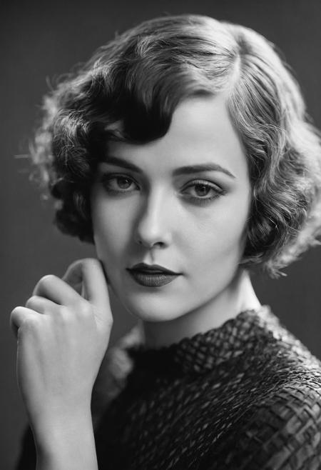Photograph of a woman from the 1920s, short hair, (finger-weave hairstyle:1.1),posing for a photograph. close-up, black and white, cinematic composition, looking at camera, seductive, soft shadows, grainy,