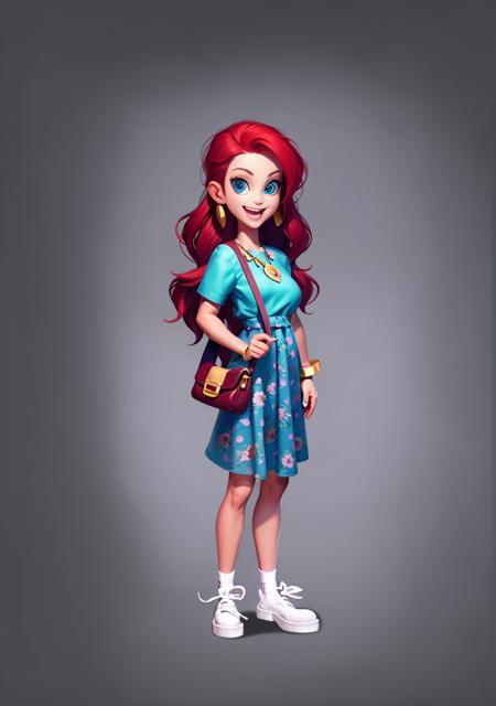 European and American cartoons, game characters, original design, 1girl, solo, long hair, red hair, blue eyes, jewelry, smile, bag, dress, socks, white footwear, grey background, full body, handbag, shoes, bracelet, standing, floral print, short sleeves, earrings, necklace, looking at viewer, white socks, white dress, open mouth, simple background, very long hair<lora:CG Game ouka:1>