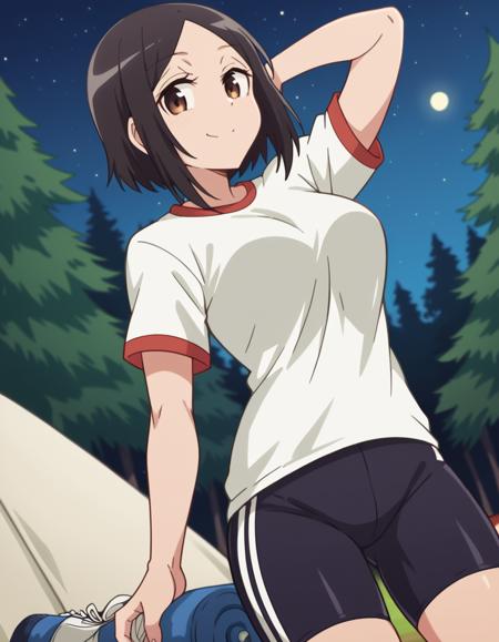 satomi tachibana, short hair, black hair, brown eyes, large breasts, shirt, white shirt, short sleeves, shoes, shorts, bike shorts, t-shirt, sneakers, gym uniform, skirt, shirt, jacket, formal, suit, office lady, skirt suit,