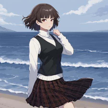 digital art, (masterpiece), (best quality), A detailed and cinematic wallpaper, a woman Niijima Makoto standing by the ocean wearing white sweater inside with black vest outside and a plaid pattern skirt <lora:makoto_xl:1>