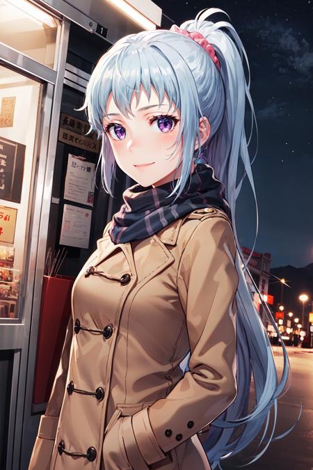 masterpiece, best quality, cowboy shot, looking at viewer, smile, saki kawasaki, very long hair, ponytail, hair scrunchie, duffel coat, scarf, gloves, outdoors, night, cityscape, <lora:saki_kawasaki_v2:0.9>