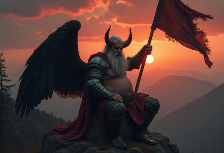from far away, zoomed in orthographic telelens perspective seen from above as drone aerial shot, scifi movie still with epic renaissance oil painting composition, old man mutating into huge bodybuilder angelic demon from heavenly hell in a mountainscape in the black forest in germany at dawn witth a dark red sky and black clouds, sitting on cliff, with gigantic muscles, gigantic muscles, huge neck, very long gray hairy swaying in the wind, large round belly overhang, hairy armpits, tanned sweaty oily skin, huge veins on skin, large old mans hairy chest nipples, wearing black plate knight armor, long red tattered cape, masive shoudler pauldrons, black feather angel wings with demonic horns, commander of a legion holding a huge flag, raising banner, call to arms, warcry