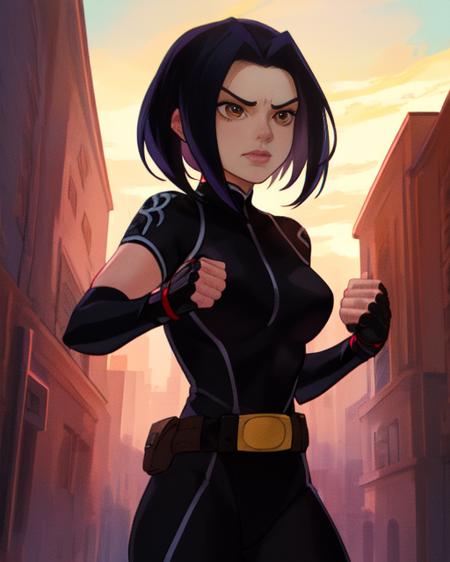 Jade, short black hair, brown eyes,  fighting stance,  smug expression,   closed fists,  solo,  cowboy shot, 
JaBSuit,black fingerless gloves, (black bodysuit), black belt, straps,  tall, 
streets, nighttime, 
(insanely detailed, beautiful detailed face, masterpiece, best quality) cinematic lighting,
 <lora:Jade:0.7>