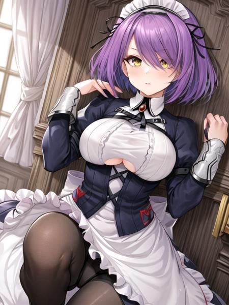 Gloucester,purple hair, short hair,yellow eyes, maid headdress, maid, pantyhose, long sleeves, 