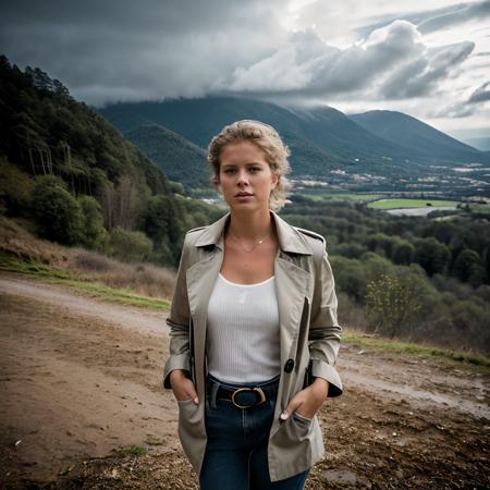 RachelHunter, , an attractive woman, on a (mountain-top), wearing a (coat), (heavy-rainstorm:1.1), 24mm, 4k textures, soft cinematic light, adobe lightroom, photolab, hdr clouds, intricate, elegant, highly detailed, sharp focus, ((((cinematic look)))), soothing tones, insane details, intricate details, hyperdetailed, low contrast, soft cinematic light, exposure blend, hdr,