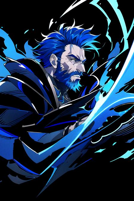 AGGA_ST015,  Portrait of a bearded man wearing a supervillain suit,  black and blue colored armor,  reflective lighting,  blue lightning from the armor,  dark background, 4rmorbre4k, torn clothes,  broken armor, <lora:EMS-64308-EMS:0.800000>, , <lora:EMS-38446-EMS:0.800000>