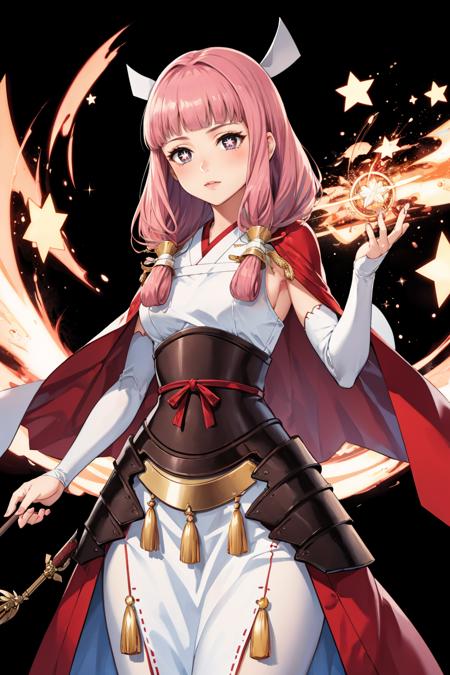 mitama, pink hair star-shaped pupils, hair ornament, capelet, armored dress