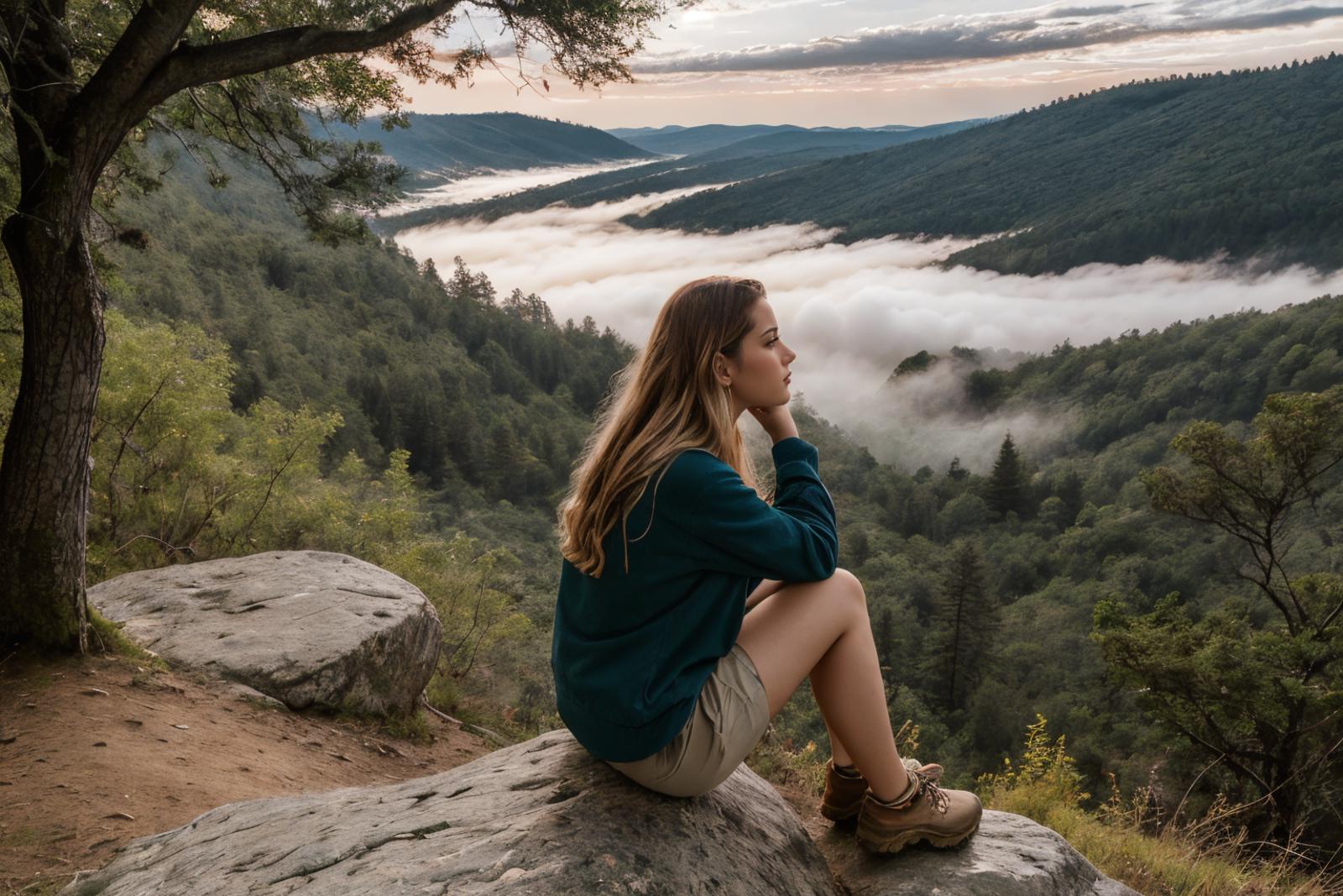 A woman in a blue sweater sitting on a rock, overlooking a foggy valley.