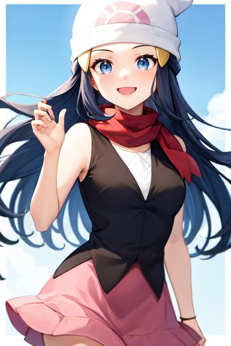 <lora:dawn_v2:1> dawn pokemon, long hair,sleeveless shirt, black shirt, red scarf, blue eyes, dark blue hair, beanie, hairpin, pink skirt,1girl,solo, happy,smile