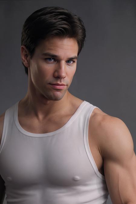 (closeup) professional photo of mike_branson <lora:mike_branson-08:0.75> wearing a fitted sleeveless white tank top, (dark green:0.5) backdrop, soft diffused lighting, confident intense mood, looking at camera