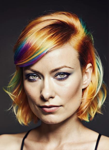 analog style, modelshoot style, portrait of sks woman by Flora Borsi, style by Flora Borsi, bold, bright colours, rainbow Mohawk haircut, ((Flora Borsi)), <lora:locon_olivia_v1_from_v1_64_32:1.3>