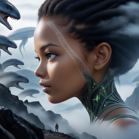 Conceptual art. Double exposure collage. 16K. UHD. high quality, 
photorealism. Diorama. Fog. Dynamic plot of the film "After Earth". science fiction series. Mystic. Stunning full color design, 
sharp focus, 
studio shot, 
intricate details, 
high detail, 
detailed anatomy. Hyperrealism.