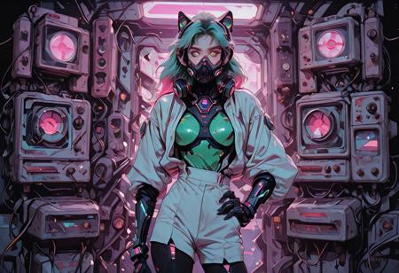Shinkaistyle masterpiece of a slender, fit, tall, long-legged anime-style cyberpunk character in a retro, pink aesthetic. She has long, flowing teal hair, emerald green eyes with cybernetic augmentations, and wears black and white armor with gauntlets and boots. She poses with one hand on her hip, the other in her pocket, engaging the viewer with direct eye contact. The background is a dynamic, holographic cityscape with soft shadows from a light source on the left. The overall atmosphere is one of cybernetic beauty and futuristic fantasy. 1girl, solo, long green hair, medium breasts, green eyes, open jacket over white shirt, black gloves, looking at viewer, bangs, simple gradient background, eyelashes, aqua hair, mask, animal ears, glowing eyes and elements, headphones, slit pupils, dark skin, neon trim, cyberpunk respirator.