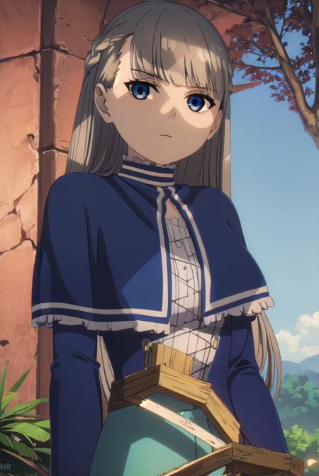 lawine, <lora:lawine-alpha-lora-nochekaiser:1>,
lawine, long hair, bangs, blue eyes, brown hair, braid, low-tied long hair,
BREAK long sleeves, dress, frills, capelet, blue dress, blue capelet,
BREAK outdoors, forest, nature, grass, sky, sun, clouds,
BREAK looking at viewer, (cowboy shot:1.5),
BREAK <lyco:GoodHands-beta2:1>, (masterpiece:1.2), best quality, high resolution, unity 8k wallpaper, (illustration:0.8), (beautiful detailed eyes:1.6), extremely detailed face, perfect lighting, extremely detailed CG, (perfect hands, perfect anatomy),