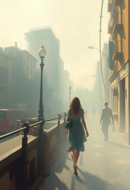A dreamy digital painting with a soft, mystic atmosphere depicting a woman walking through an urban landscape. The style is Soviet Impressionism, with gentle color contrasts, hazy soft light, creating an ethereal and enchanting environment. Subtle movements and emotional warmth are present.
