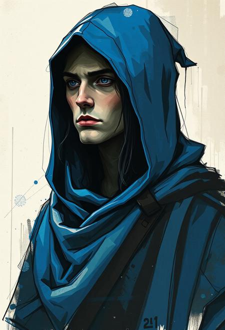 Hooded wizard, blue hood, rendered with bold, expressive smudges and unfinished strokes, art nouveau