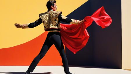 dramatic matador in ornate gold-embroidered jacket, tight black pants, looking down to his left with intense concentration, holding a red cloth swirling dramatically, graceful dancer-like pose, one arm extended holding cloth, body twisted in elegant motion, traditional Spanish bullfighter outfit,, vibrant acrylic painting style, bold flat colors, clean geometric compositions, bright California sunlight, crisp shadows,  saturated color palette, smooth gradients, minimal detail work, contemporary pop art influence, architectural precision, optimistic 1960s atmosphere,
