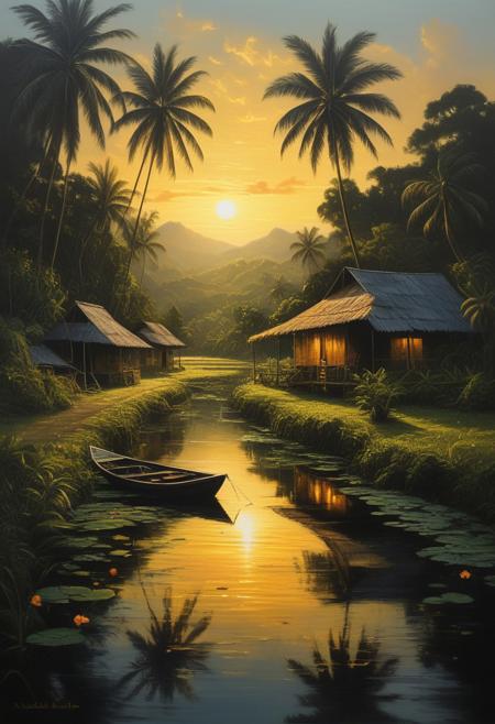 A romantic realism painting depicting idyllic Filipino rural landscapes reflected in intensely black water. Golden sunlight illuminates lush tropical scenery, detailed daily life scenes, with a vibrant color palette. The scene evokes warmth, nostalgia, a dreamlike atmosphere, and features pure black deep shadows and gentle color contrasts.