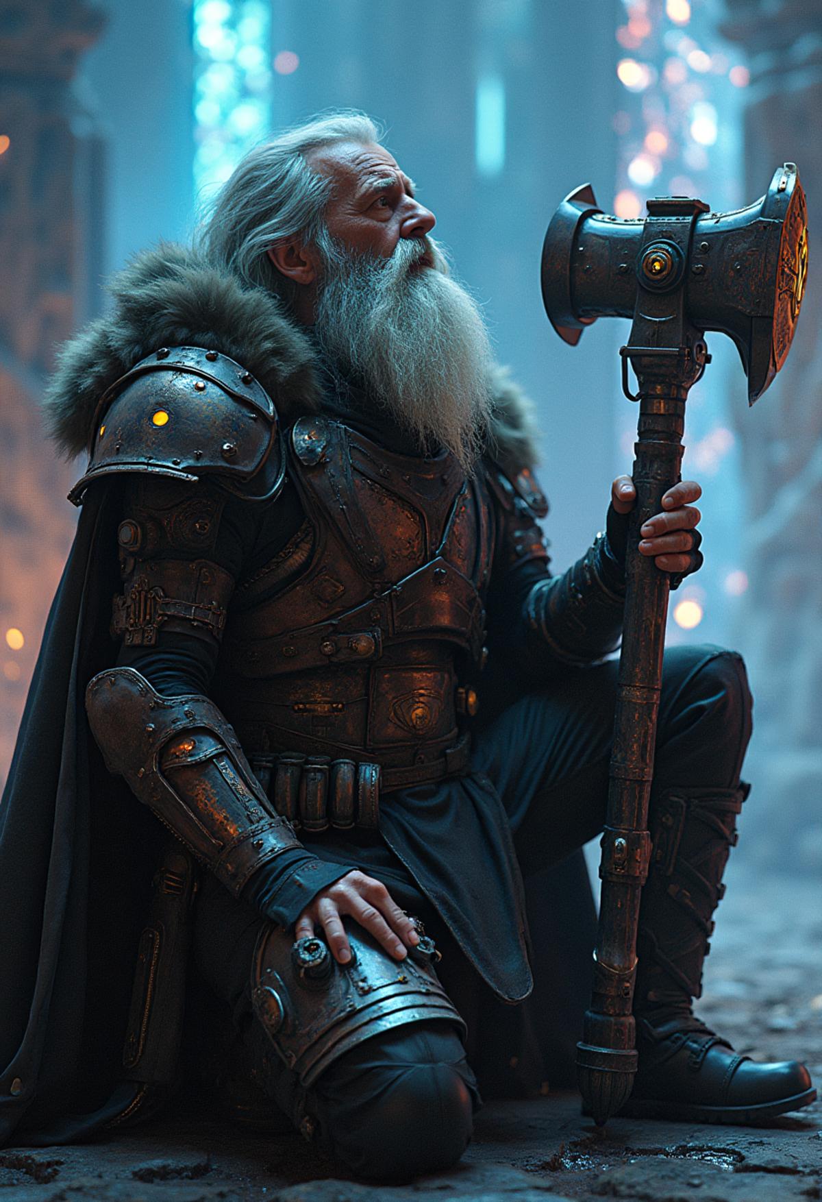 vikingpunk style, A grizzled, aged futuristic Viking warrior, a battle-hardened veteran, kneels in prayer amidst the iridescent glow of a cyberpunk temple, his eyes cast upward toward the holographic projections of Asgard's gods that dance across the walls. His suit of advanced, articulated armor bears the scars of countless battles, as he tenderly grasps an ornate, high-tech hammer that seems imbued with a power from realms beyond his own - while a faint hum of machinery emanates from beneath his leather cloak - and cybernetic eye gleams with an air of aged wisdom within his grizzled face.  <lora:fluxVikingPunk_epoch_1> ,  <lora:other/paradiffflux.safetensors:1.0> . Nordic and Viking-inspired aesthetic with armor elements, mechanical enhancements, and futuristic technology