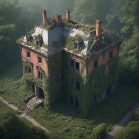 photo-real: **The Crumbling Manor**: A once-grand manor house now in ruins, 
with ivy creeping up the walls and broken windows. The grounds are overgrown with weeds, 
and the air is filled with the sound of distant whispers., 
isometric, 
digital art, 
smog, 
pollution, 
toxic waste, 
chimneys and railroads, 
3 d render, 
octane render, 
volumetrics, 
by greg rutkowski
