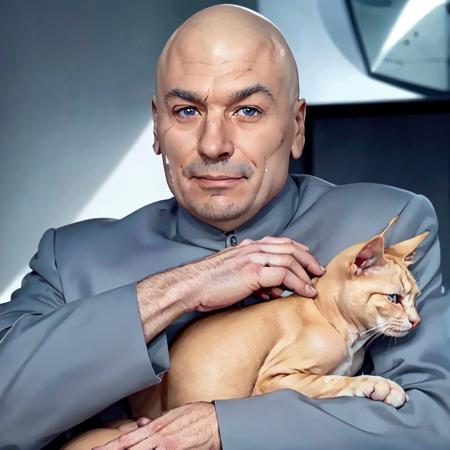 a man holding a naked cat<lora:DrEvilLoRA:0.8> drevil bald with scar on his right cheek, grey coat, (((meme))), high detail skin, high detail eyes, high detail hair, highres, ultra detailed, detailed pores, imperfect skin, detailed reflective shiny skin, diffused skin pores,sharpen picture, Highly detailed, masterpiece, best quality, photorealistic,