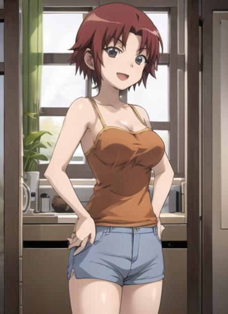 <lora:KosudaKazuki:0.7> KosudaKazuki, 1girl, solo, breasts, smile, open mouth, shorts, hand on hip, window, camisole, blue shorts