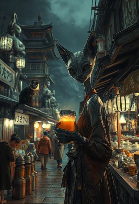 Setting is ancient Japanese street market at night in a city of an extremely advanced extraterrestrial civilization, ((all writing is in an alien script)), ((all lighting is exotic and of an extremely advanced technology.,  the market is comprised of street vendors selling food, exotic technological wonders, and alien clothing. The extraterrestrial beings have a variety of appearances (some are human-like, others are insectoid or feline or canine or reptilian, they are wearing a variety of clothing are walking through the street market shopping and eating, A black cat with red collar sits on a nearby wooden roof at a market kiosk. Behind the a kiosk counter are containers of exotic goods, (((a beautiful alien anthropogenic cat-like being, 24 years old, is standing in the foreground facing the viewer with a glowing metal goblet of beer in her paw/hand. Her eyes are beautiful and focused on the viewer, she has an expression of interested curiosity))), the being is dressed in exotic style clothing of a completely exotic aesthetic. Enormous metallic statues and temples are visible in the background and around the scene and smaller statues are prevalent in the market, Epic image that elicits a feeling of wonder and awe,