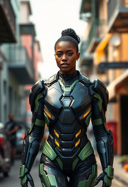 A hyper-realistic, ultra-detailed and dramatic effect photography of a beautiful female. Full body shot of her body walking toward camera. 
She has black hair attached in a small bun. A beautiful black skin. african-american woman. 
She has a confident look, determined. 
Wearing an ironman suit, with light green parts robotic armor. Some touche of light yellow on the armor.
The camera show her entire body in a lousiana typical street in background.