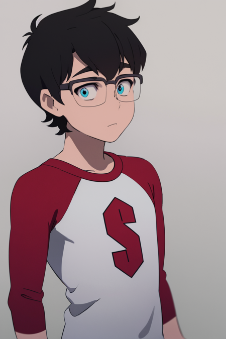 masterpiece, best quality, 1boy, black hair, short hair, blue eyes, glasses, shirt, raglan sleeves, upper body, solo, looking at viewer, sketch, simple background <lora:YoungClark:1>