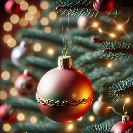 very realistic close-up photograph of a  Christmas sphere with a bell on it hanging in a Christmas tree branch