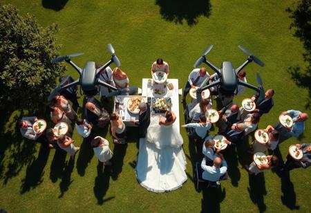 Side view from above of a wedding buffet on a sunny summer day on the open lawn of a country house. The groom, the bride in white wedding attire, the bride's girlfriends, many guests, waiters with drinks on trays. Several futuristic drones with professional video equipment fly over the wedding buffet, choosing successful views and filming. 64 megapixels