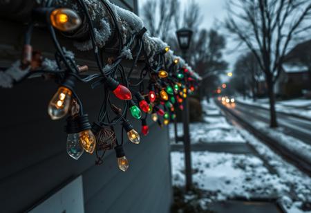 A close-up of multi-colored Christmas light bulbs hanging from the gutter of a dark, neglected house. Many of the bulbs are broken, burned out, or unlit, with only a few dimly glowing. The wires are frayed and loosely draped, and the snow along the gutter is gray and dirty, adding to the sense of decay. Off to the side, part of a desolate suburban street is visible, covered in dirty snow and surrounded by an overcast, lifeless sky. The overall mood is cold, somber, and desolate, emphasizing abandonment and neglect during the holiday season.