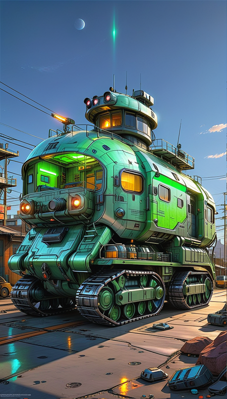 (cel-shading:2)+, (in ARTIST style:1.6), (masterpiece:1.7),  green neon, glowing green neon, hyperrealism, glossy, shinny, clear image, accurate picture, clear picture, precise image, focused image, Science fiction style, Science fiction, (cozy comfy ground vehicle, motor vehicle, vehicle focus, train, truck, scenery, military, Tracked Vehicle, Traction City, gray paint, (neon cyberpunk city background), mecha comic style),
comic style, (ultra sharp focus:2), (thin lines:2), (best quality:1.8),
(masterpiece:1.8), (highest detailed:1.8), perfectly lighted, (contrast), (saturated), (((sharp focus))),
(hyperdetailed:1.3), (intricate details:1.2), (Refined details:1.3), (best quality:1.5), highly detailed textures, vibrant colors,
(ultra sharp focus:1.8), (detailed texture:1.8), (detailed edges:1.8), (thin lines:1.8), (best quality:1.8),
<lora:Apparatus_-_Traction_City_Walkers_Vehicles:0.8>,