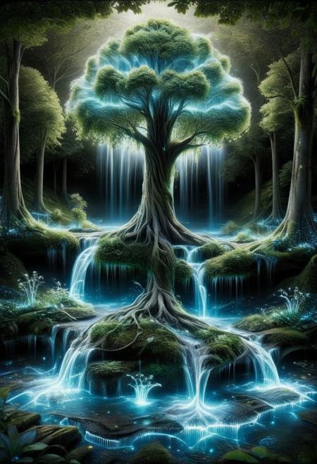 tree floating in the air with a waterfall falling from its roots in cumulonimbus clouds on planet earth, Leaves shaped like bioluminescence water drops.