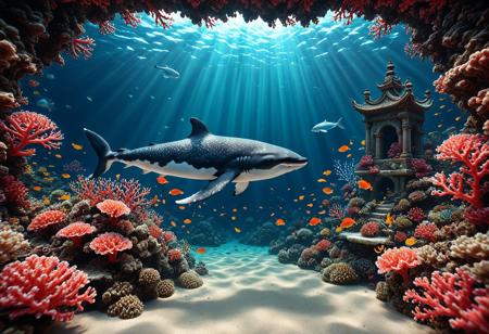 A breathtaking, hyperrealistic digital painting, a surreal, dreamlike underwater landscape. A slice of a wavy ocean, with a majestic coral reef, casting shadows across the watery scene. Hidden within the reef are small temples crafted of colorful corals to blend into reef. Dotted about the scene are tiny merfolk with colorful flowing tails. A whale is seen in the background. Beams of light reach from the surface creating a hazy, dreamlike atmosphere. dramatic volumetric lighting, creating a sense of vastness, adventure, and intense exploration – 8k resolution, trending on ArtStation. SDXL_POS, flux-style, aidmamj6.1, coralbugXL