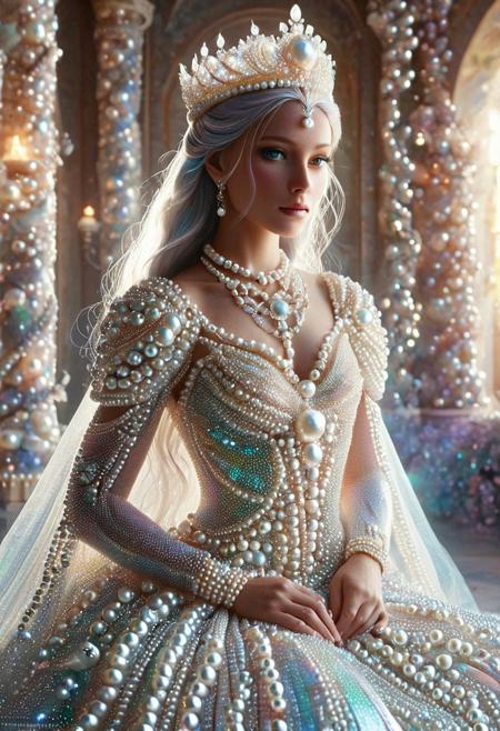 Concept: Pearlum, princess, opalescence, splendor, imagination, divine, texture, magic, character, female.
Core Elements: female figure, shimmering opalescent gown, pearl-infused crown, ethereal light, regal pose, mystical setting.
Atmosphere/Mood: majestic, divine, mystical, serene, graceful, awe-inspiring, luminous.
Setting Details: a princess, her form shimmering with opalescent light, stands gracefully in a celestial, pearl-infused palace chamber or ethereal garden.
Central Figure Details: princess. Her gown, a cascade of shifting opalescent colors, like liquid pearls. Crown, crafted from luminous pearls and ethereal gems. Hair, flowing, adorned with glowing pearl accents. Eyes, large, luminous, reflecting inner purity and wisdom, perfecteyes. Ideal hand details. Embodies splendor, imagination, magical opalescence, a divine ruler.
Lighting: soft, ethereal light, reflecting off opalescent surfaces. Shimmering glows from gown and crown. Emphasizes shifting colors, divine presence.
Composition: portrait, regal pose, central focus on the princess. Background: pearl-infused palace interior or ethereal garden.
Color Palette: dominant iridescent whites, creams, soft blues, pinks, purples from opalescence. Accents of deep golds, silvers. Luminous glows. Ethereal, harmonious, fantastical.
Quality: Pearlum, photorealistic, ultra detailed, magical realism, enchanting atmosphere, visually striking, hyperrealistic, fantasy, princess.