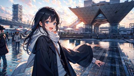 (masterpiece,best quality),perfect anatomy,super photo realistic illustration,highres,ultla detailed,absurdres,upper_body,
BREAK
(1 girl,cute,kawaii,black hair,long hair,smile,open mouth),long sleeves,coat,scarf,
BREAK
BigSight,extremely_crowd:1.4,wide view,<lora:TokyoBigSight:1>,