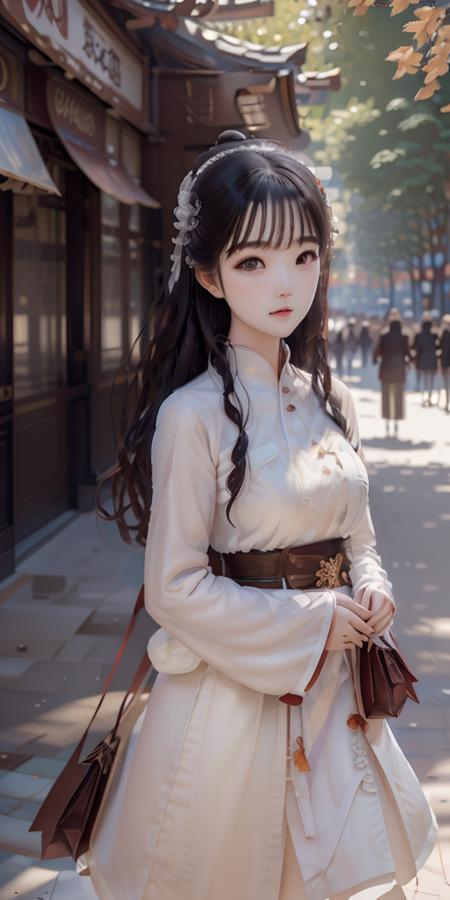 masterpiece,highres, highest quality,intricate detail,best texture,realistic,8k,soft light,perfect shadow, sunny,modern city,crowding street,stores,shopping,falling leaf, portrait,erjie,1girl,hanfu,walking,Luxury, street shot,