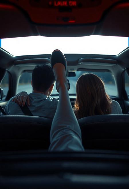 view of front of car at drive-in movie, screen lighting through the windshield dimly the front seat, where a 18yo couple have their heads leaning together, his arm around her shoulders, and  lighting the back seat where a woman's widespread bare legs are sticking up in the air, shoe hanging from one foot. pov: movie screen facing car. 
, very detailed, detailed eyes,  high detailed texture, realistic, photorealistic, perfect eyes, real life realistic,  detailed background,