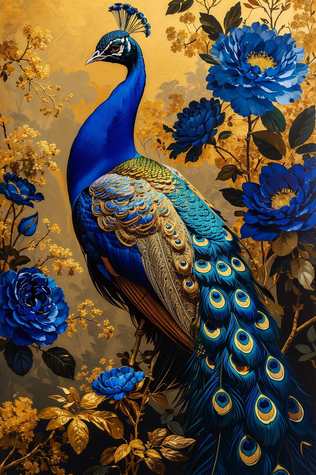 A Peacock with a Blue and Gold Body and Blue Feathers Sitting on a Branch with Blue Flowers.