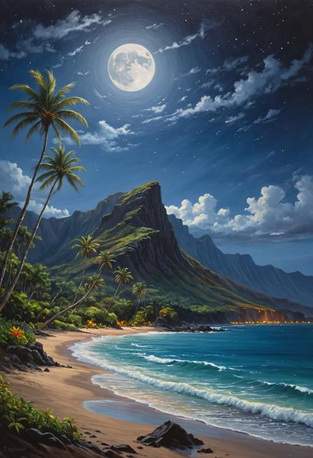oil painting of a beautiful island in Hawaii at night, with the blue sea and mountains in the background being illuminated by the moon, masterpiece, realistic