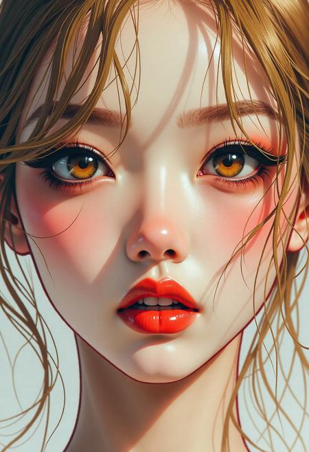 magnificent, photorealistic ink art image in the style of a movie poster, crisp lines, an extreme closeup image of the eyes of a stunning oriental young woman, blonde loose hair, red lips, dark eyeshadow