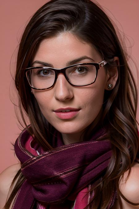 amberh professional portrait of 1girl in a red scarf with glasses, heavy eyelids, no makeup, long wavy hair, youthful, pretty face, face details, looking at viewer, lips parted ((plain pink background), sharp focus
