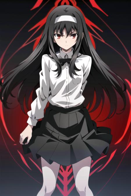 tohno akiha, masterpiece, best quality, 1girl, black hair, red hair, gradient hair, long hair, white shirt, (black skirt), hairband, <lora:ufotable:0.6> <lora:tohno_akiha:0.8>