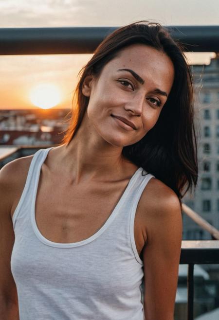 realistic, ultra realistic, detailed, young female, white tank top, detailed skin, tan skin, on a roof terrasse, sunset lighting, very long dark hair, analog film, portrait, dark hair, soft smile, wavy hair, (freckles:0.3), sunset, warm colors,